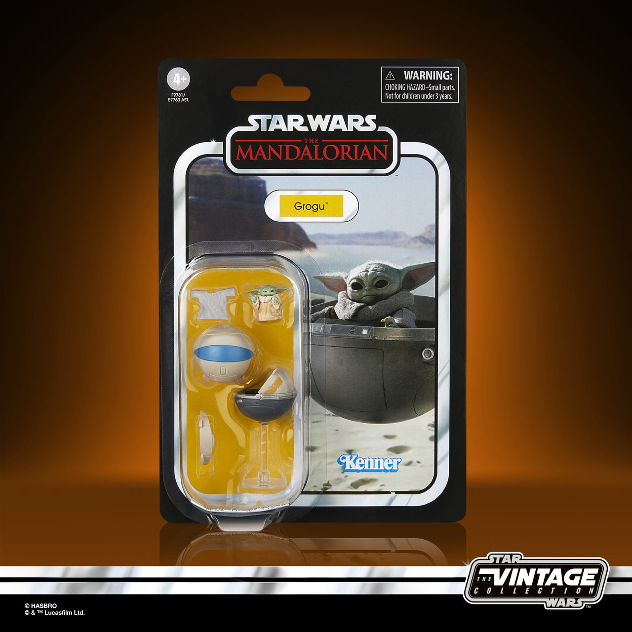 The Vintage Collection Grogu figure on an orange and black background