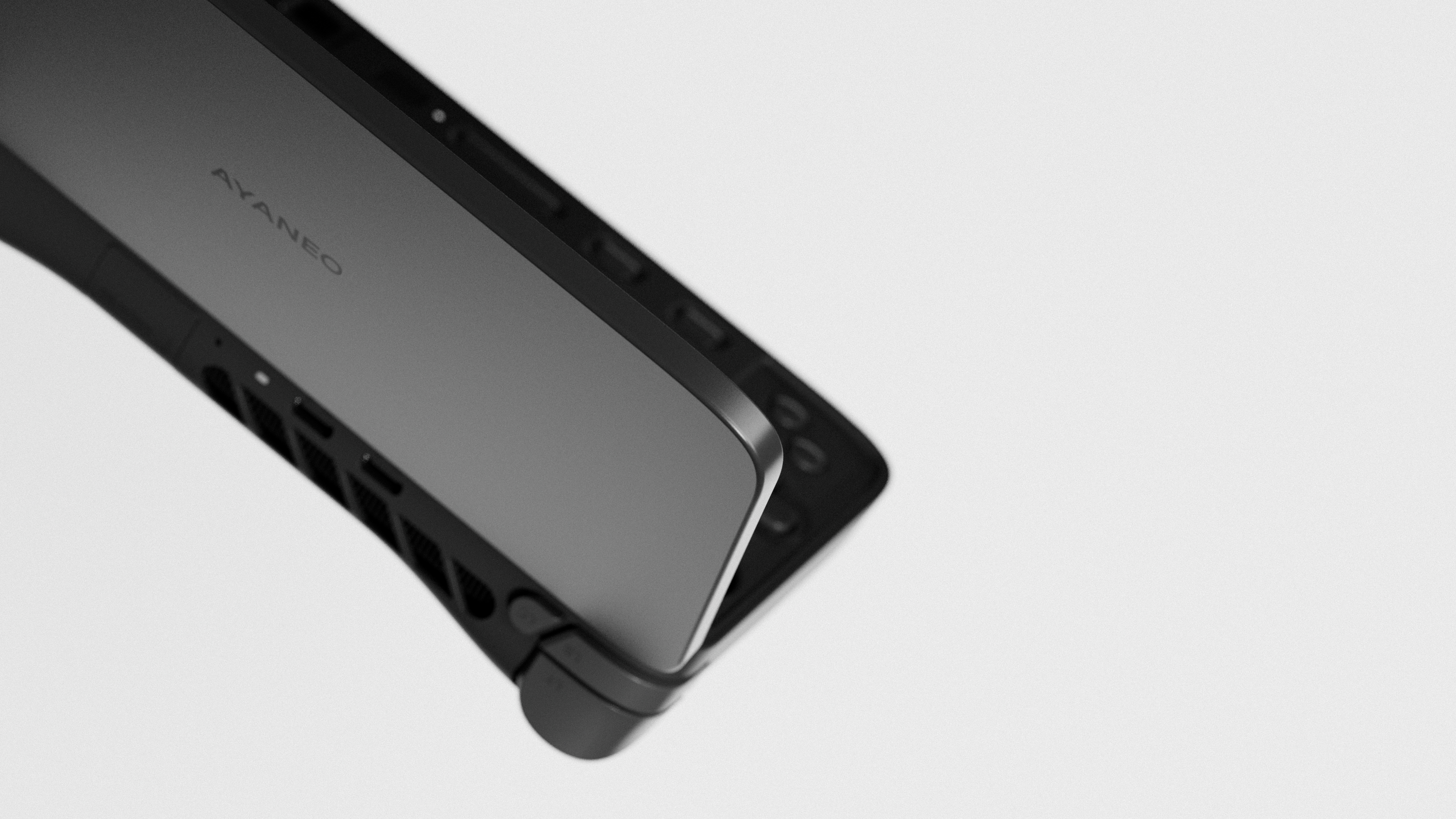 Ayaneo Flip 1S DS on a white background with the screen displaying a black and orange effect.