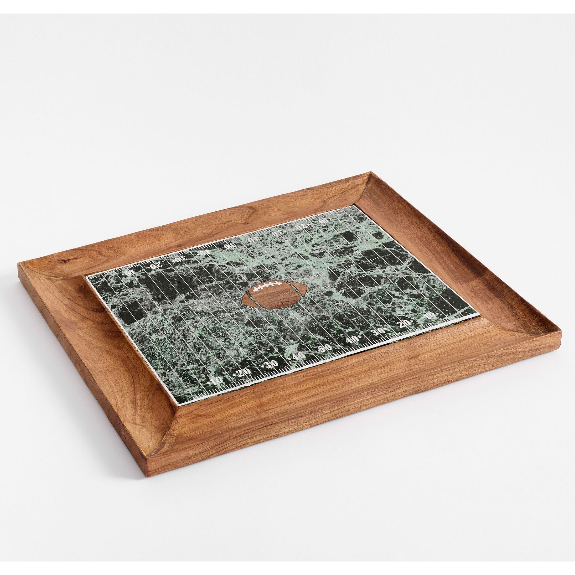 Walnut wood cheeseboard with green marble inlay and central football logo