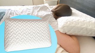 Tom's Guide Senior Staff Writer Ruth Jones lies on her stomach while using the Tempur-Cloud Pillow under her head. A blue circular inset image shows more detail about the pillow itself