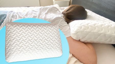 Tom's Guide Senior Staff Writer Ruth Jones lies on her stomach while using the Tempur-Cloud Pillow under her head. A blue circular inset image shows more detail about the pillow itself
