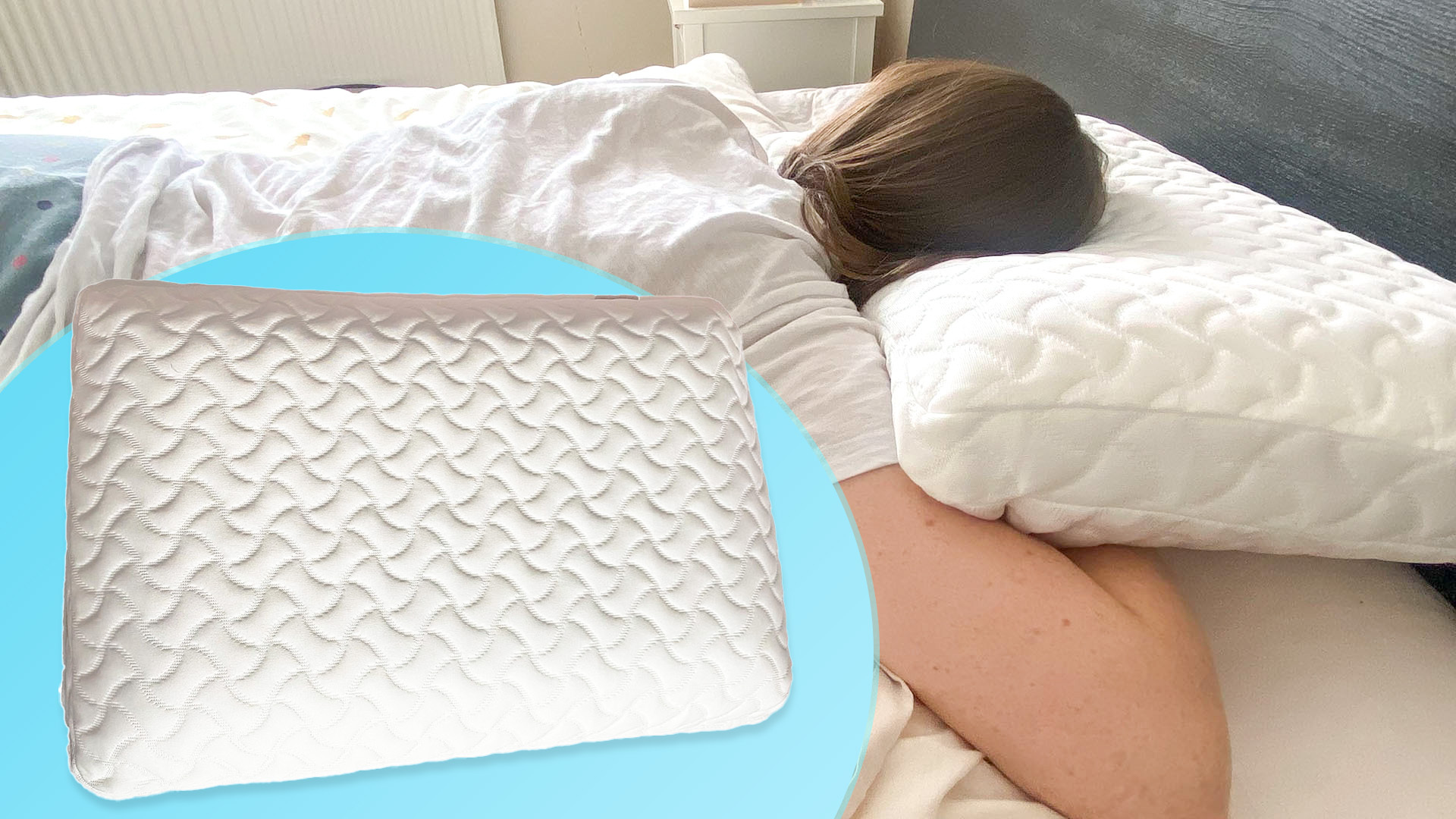 Tom's Guide Senior Staff Writer Ruth Jones lies on her stomach while using the Tempur-Cloud Pillow under her head. A blue circular inset image shows more detail about the pillow itself