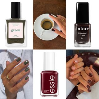a collage of six images featuring burgundy green and brown nail designs and a coffee