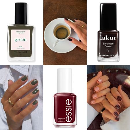 a collage of six images featuring burgundy green and brown nail designs and a coffee