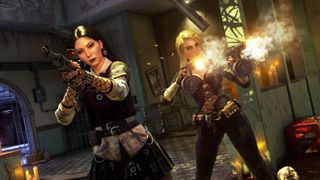 Two women firing guns in a bar