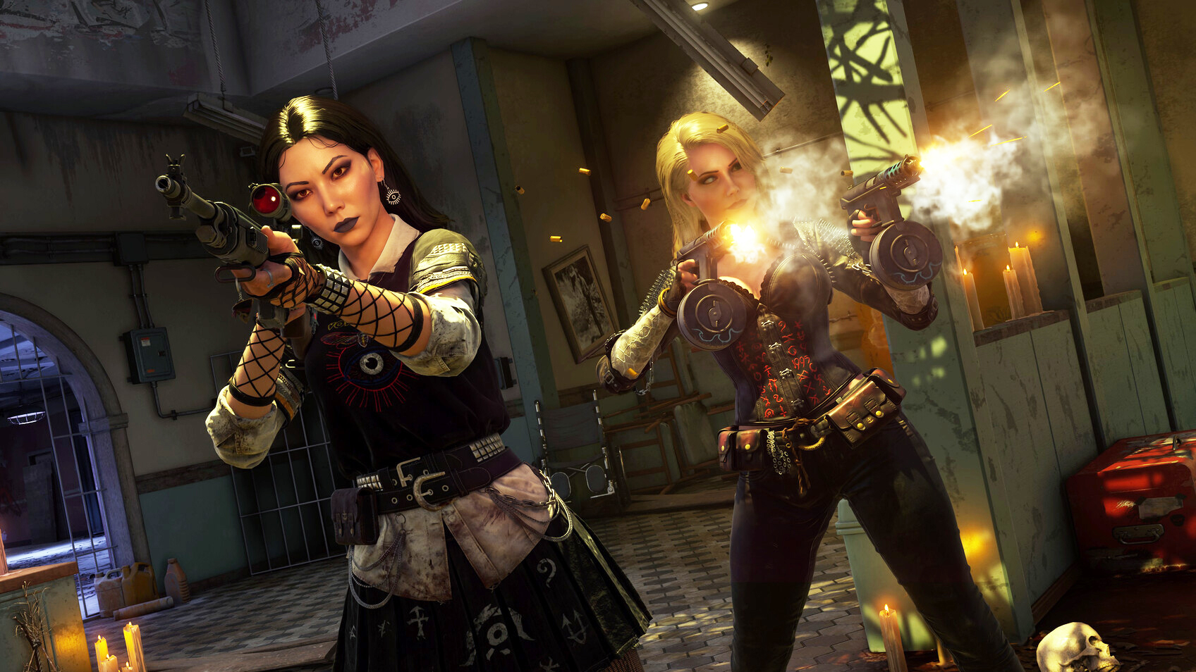 Two women firing guns in a bar