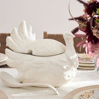 Rustic Turkey Stoneware Tureen on a dining table.