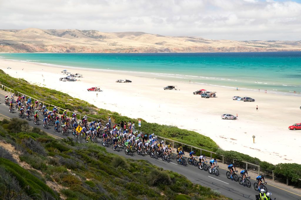 WILLUNGA HILL AUSTRALIA JANUARY 29 A general view of the peloton passing through a Seaside landscape during the 2nd Santos Festival Of Cycling 2022 Mens Elite Stage 3 a 1132km stage from McLaren Vale to Willunga Hill 224m TourDownUnder on January 29 2022 in Willunga Hill Australia Photo by Daniel KaliszGetty Images