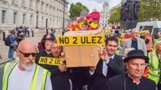 Protesters carry a coffin through London with a number plate reading 