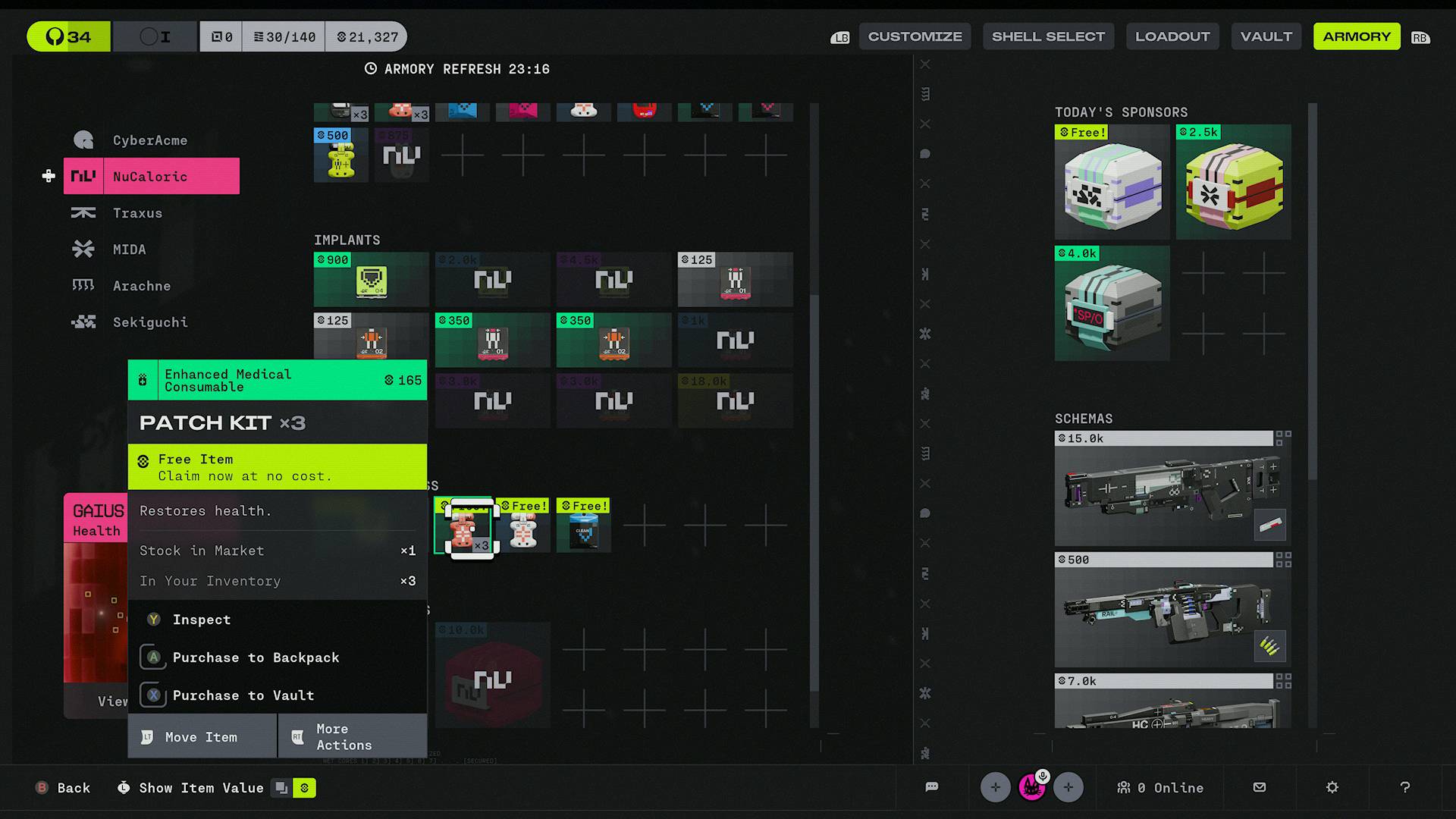 Marathon NuCaloric faction armory free patch kit and consumables