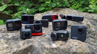 An array of action cameras arranged on a rock