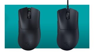 Two Razer DeathAdder V3 mice float in a white-bordered teal void. One is wired. One is wireless.