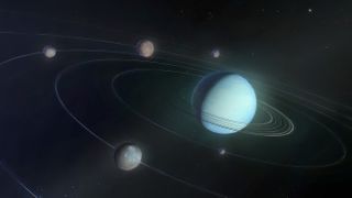 An illustration of Uranus and its five largest moons, Miranda, Ariel, Umbriel, Titania and Oberon. 