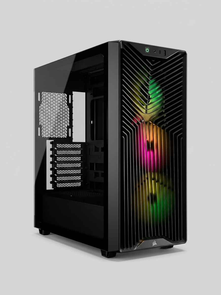 A Corsair 3200D RS ARGB PC case on a grey background