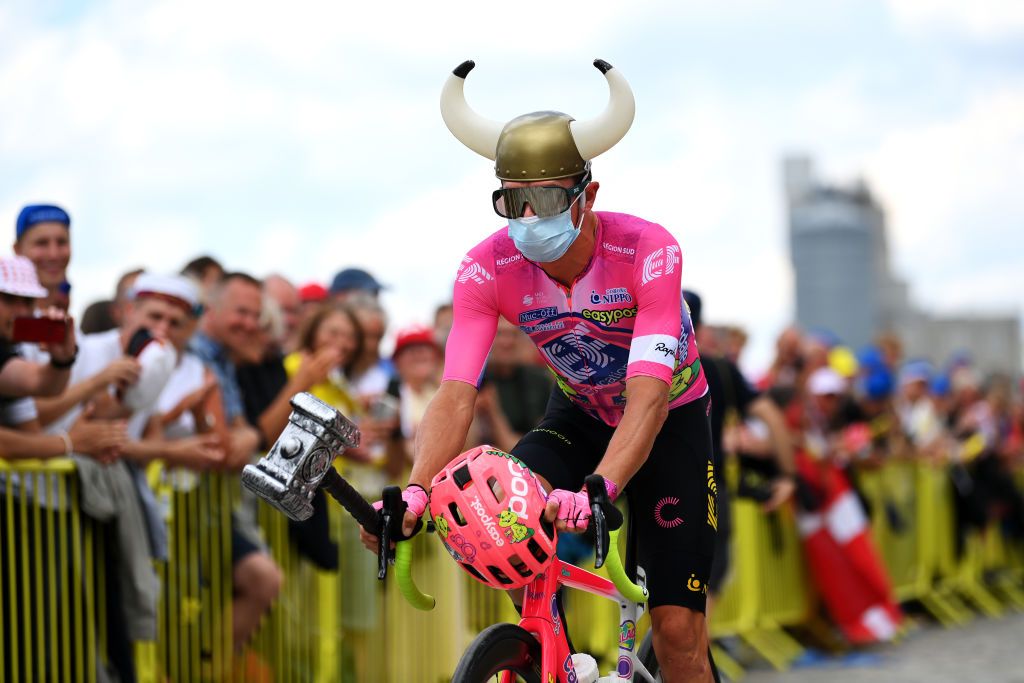 SONDERBORG DENMARK JULY 03 Rigoberto Uran Uran of Colombia and Team EF Education Easypost in a viking costume during the team presentation prior to the 109th Tour de France 2022 Stage 3 a 182km stage from Vejle to Snderborg TDF2022 WorldTour on July 03 2022 in Sonderborg Denmark Photo by Stuart FranklinGetty Images