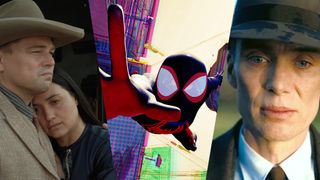 A collage image of screenshots from Killers of the Flower Moon, Spider-Man: Across the Spider-Verse, and Oppenheimer