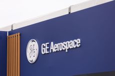 The GE Aerospace logo outside of Farnborough International Airshow in Farnborough, UK