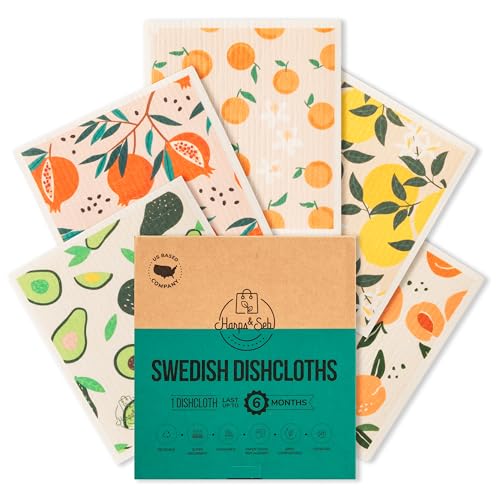 Harps&amp;amp;seb Swedish Dishcloths for Kitchen Dish Towels - 5 Pack, Non-Scratch Reusable Paper Towels, Super Absorbent Washable Swedish Dish Cloths, No Odor, Biodegradable, Fruit Design