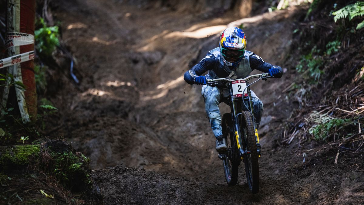 Loic Bruni riding downhill at Crankworx World Tour round one in New Zealand