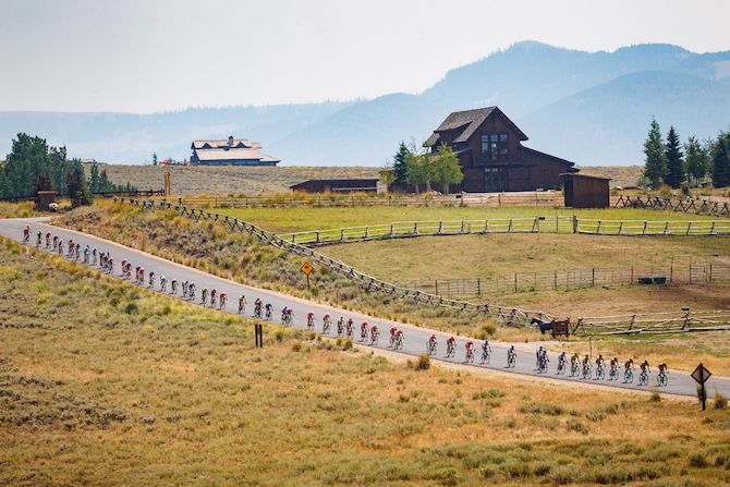 The peloton gets strung out on the way through Wolf Creek on stage 6 of the 2018 Tour of Utah