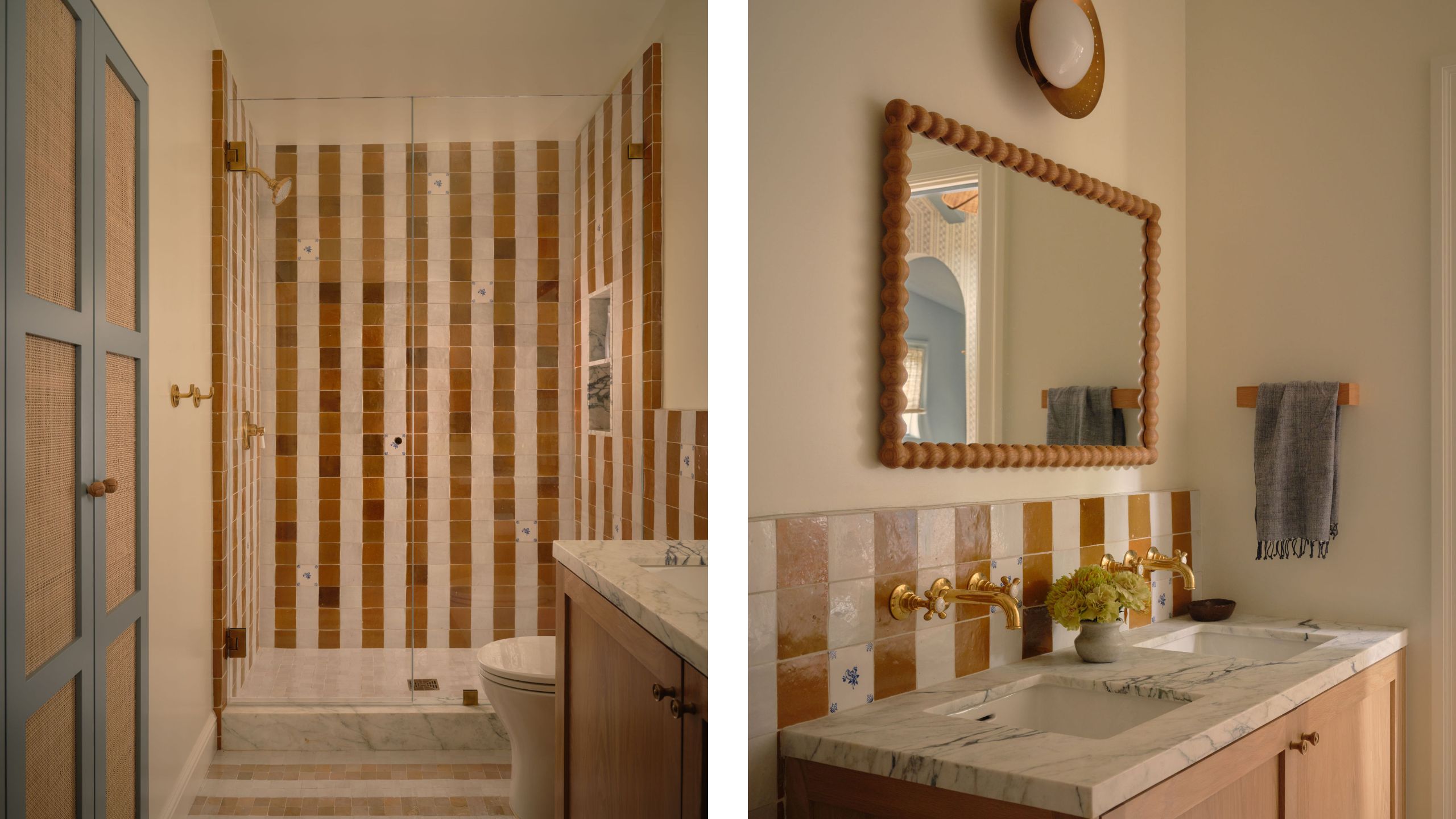 two side by side images of a compact bathroom with yellow and white striped tiles, oak vanity, bobbin mirror and blue storage cupboard