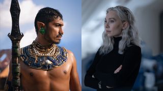 Namor (Tenoch Huerta) looks on in Black Panther: Wakanda Forever, while Sue Storm (Vanessa Kirby) looks on in The Fantastic Four: First Steps