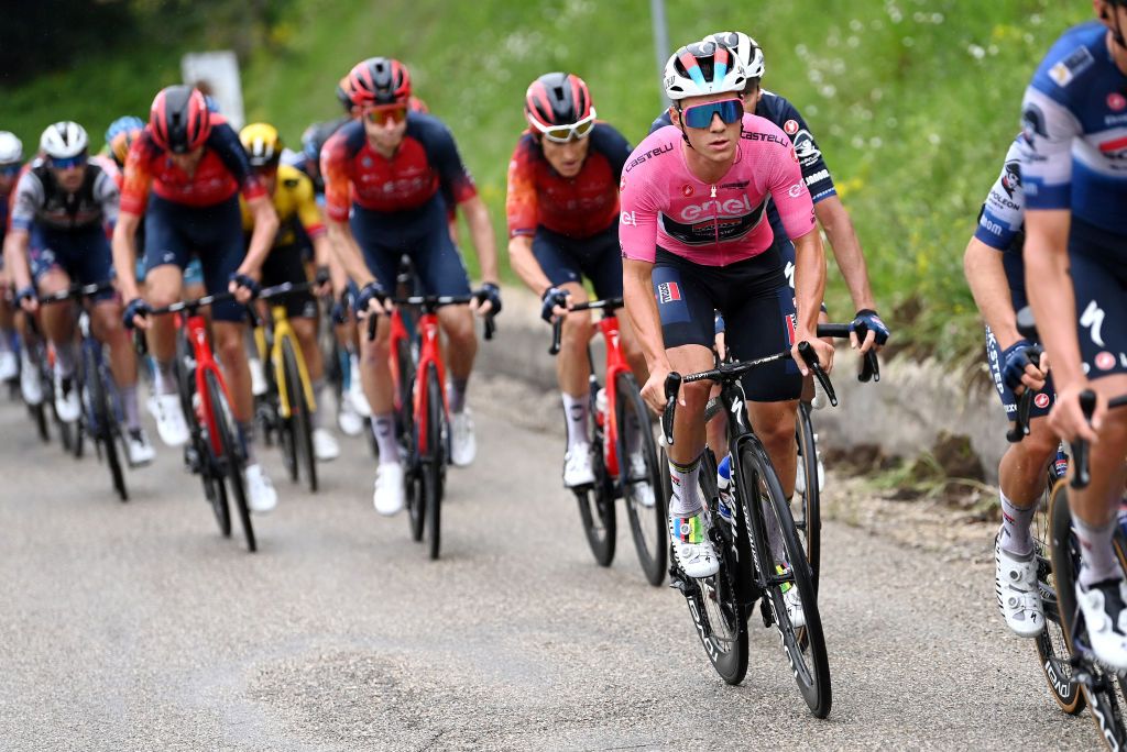 MELFI ITALY MAY 08 Remco Evenepoel of Belgium and Team Soudal Quick Step Pink Leader Jersey competes during the 106th Giro dItalia 2023 Stage 3 a 213km stage from Vasto to Melfi 532m UCIWT on May 08 2023 in Melfi Italy Photo by Tim de WaeleGetty Images