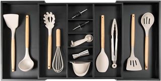 KitchenEdge Adjustable Kitchen Drawer Organizer for Utensils and Junk, Expandable to 19 to 33 Inches Wide, 9 Compartments, Food-Safe Contract Grade Black Finish with 100% Sustainable Bamboo Wood