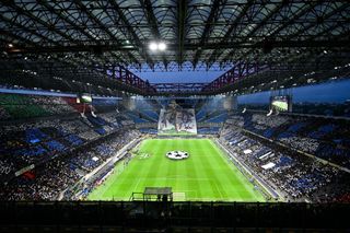A general view as fans of FC Internazionale create a TIFO during the UEFA Champions League semi-final second leg match between FC Internazionale and AC Milan at Stadio Giuseppe Meazza on May 16, 2023 in Milan, Italy.