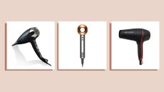 Collage of three of the best hair dryers for curly hair included in this guide from ghd, Dyson and Revlon