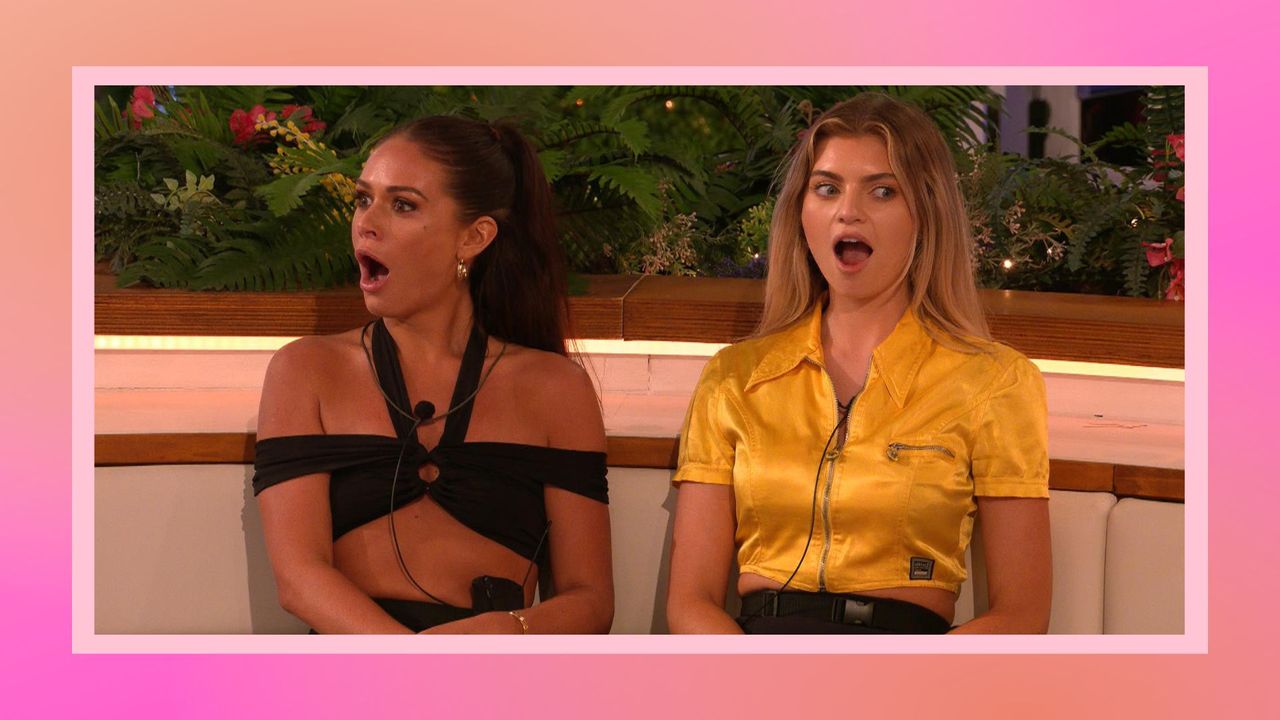 Love Island&#039;s Casa Amor: A picture of Olivia and Ellie looking shocked at the firepit in winter Love Island 2023/ in a pink and orange template