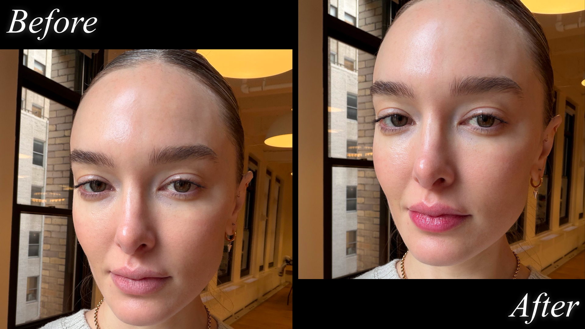 Hannah Baxter before and after testing the Laniege JuicePop Box Lip Tint.