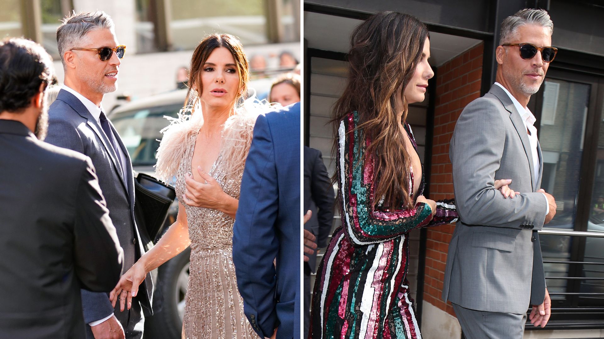 A comp image of Sandra Bullock and Bryan Randall at two events