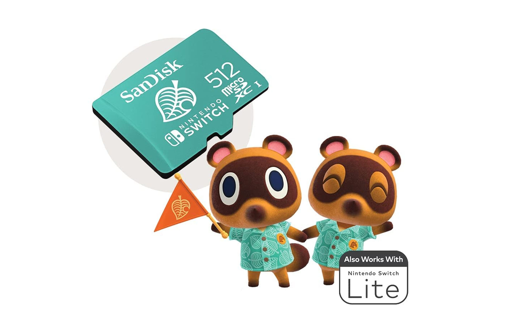 A product shot of the Animal Crossing themed SanDisk Micro SD 512GB card with 2 Animal Crossing characters