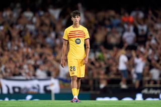 Marc Bernal of FC Barcelona looks on during the La Liga EA Sports match between Valencia CF and FC Barcelona at Estadio Mestalla on August 17, 2024 in Valencia, Spain.