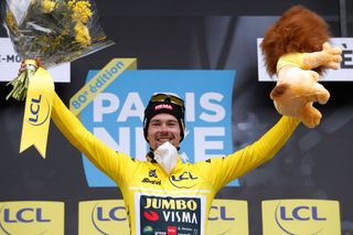 SAINTSAUVEURDEMONTAGUT FRANCE MARCH 10 Primoz Roglic of Slovenia and Team Jumbo Visma celebrates at podium as Yellow Leader Jersey winner during the 80th Paris Nice 2022 Stage 5 a 189km stage from SaintJustSaintRambert to SaintSauveurdeMontagut on ParisNice WorldTour March 10 2022 in SaintSauveurdeMontagut France Photo by Bas CzerwinskiGetty Images