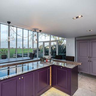 kitchen counter with white walls and garden view and purple cabinet