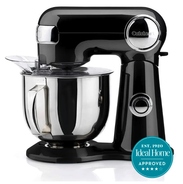 A black Cuisinart stand mixer on a white background with a 4 star Ideal Home approved badge