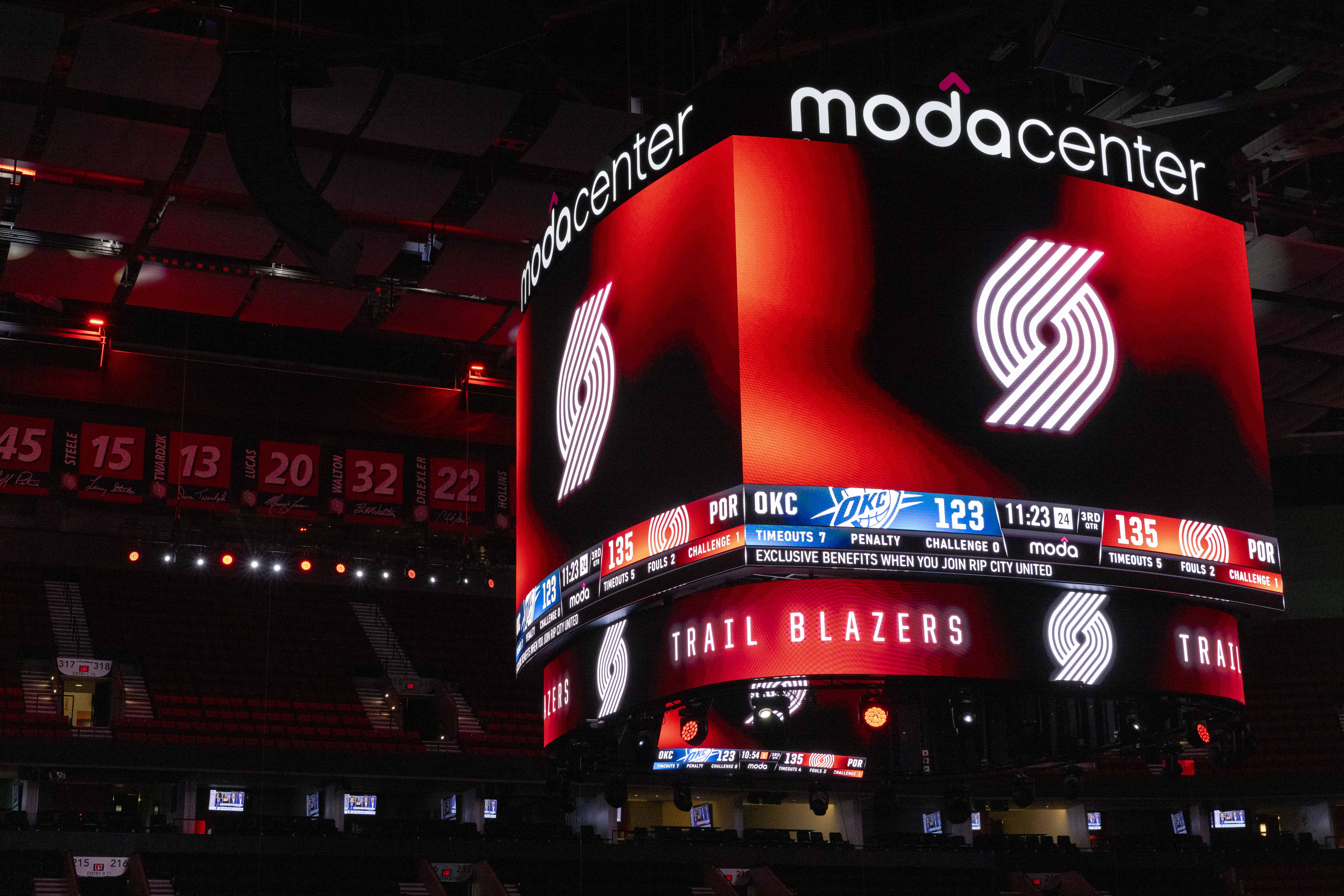 The new LED displays at the Moda Center, home to the NBA&#039;s Portland Trailblazers.