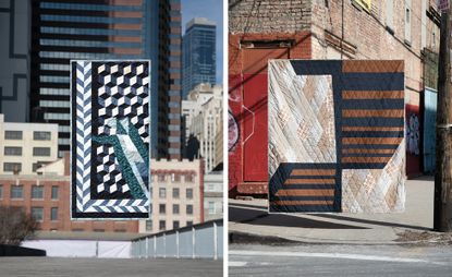 Two A.P.C. Sacai quilts against New York City backdrop