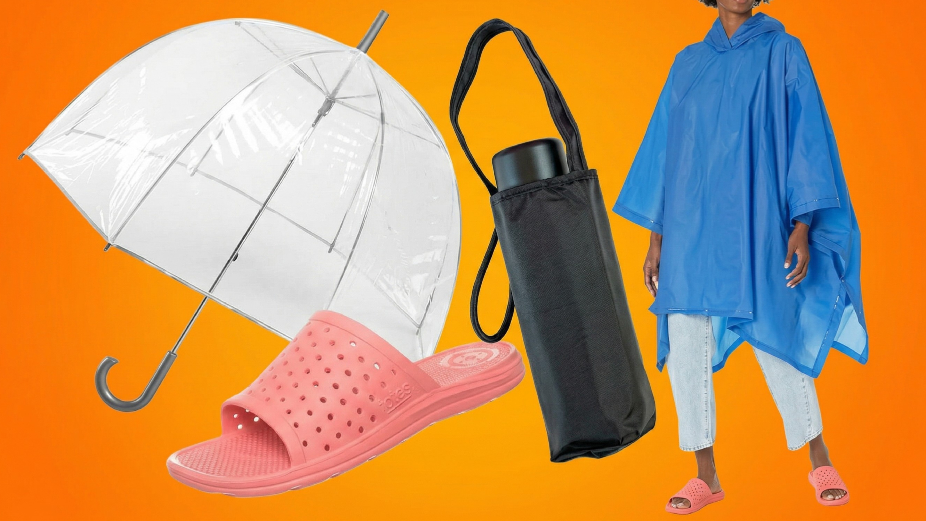 Collage of Totes umbrellas, sandals, and ponchos