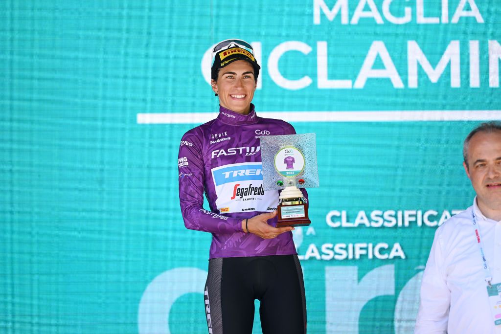 REGGIO EMILIA ITALY JULY 05 Elisa Balsamo of Italy and Team Trek Segafredo celebrates winning the purple points jersey on the podium ceremony after the 33rd Giro dItalia Donne 2022 Stage 5 a 1261km stage from Carpi to Reggio Emilia GiroDonne UCIWWT on July 05 2022 in Reggio Emilia Italy Photo by Dario BelingheriGetty Images