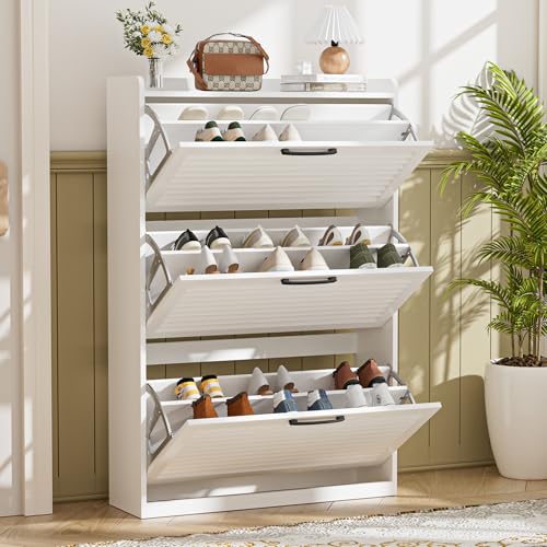 Bonvache Shoe Storage Cabinet, Shoe Organizer Cabinet With 3 Flip Louvered Doors, Narrow Wooden Shoe Rack Cabinet With Adjustable Dividers for Hallway, Entreway, Living Room,white