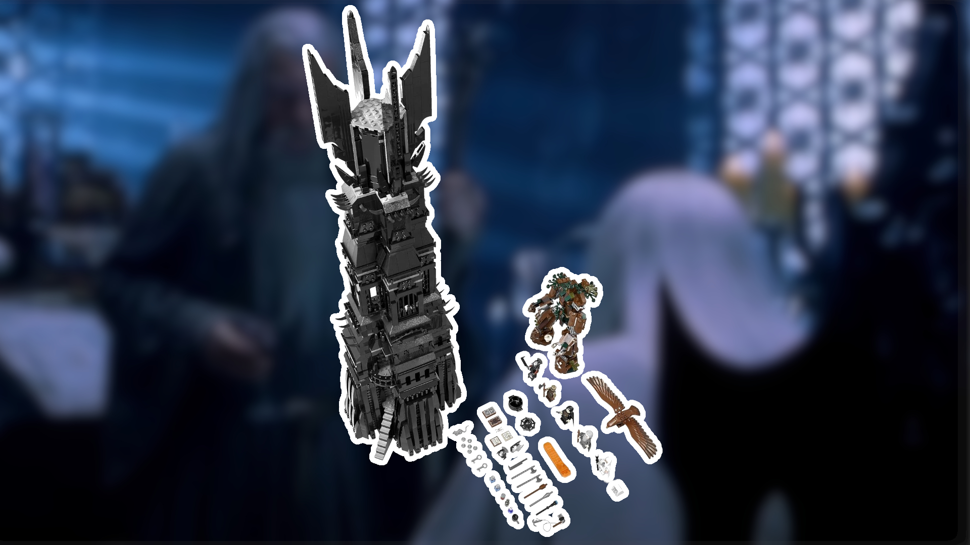 Lego Isengard against a still of Gandalf and Saruman talking in a study