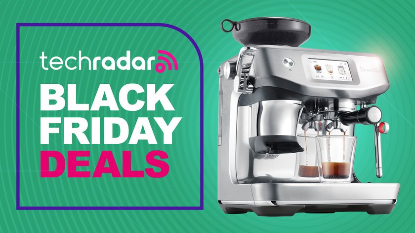 Breville espresso machine on green background with text reading &#039;TechRadar Black Friday deals&#039;
