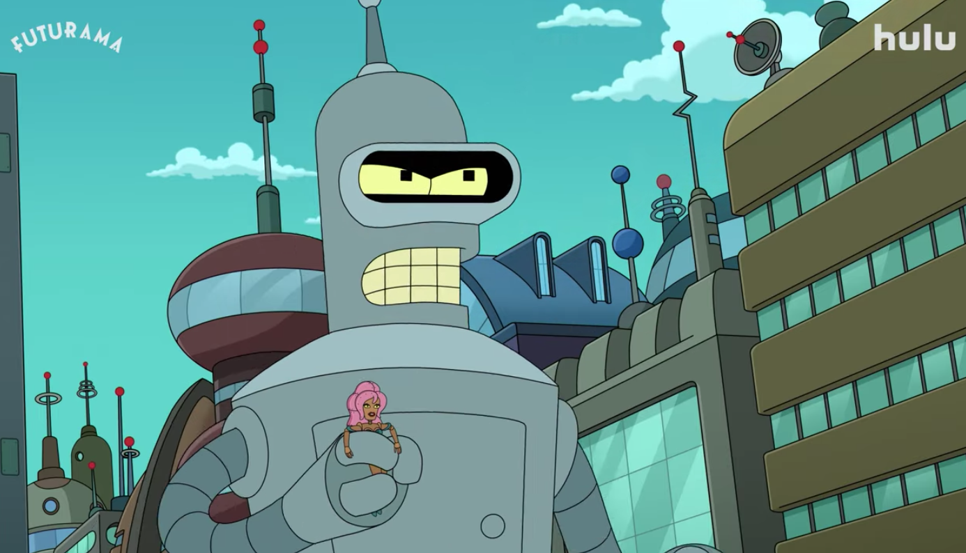 a giant cartoon robot holds a tiny robot in its hand