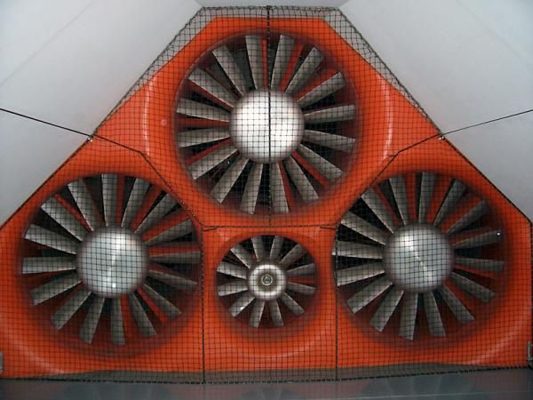 Wind tunnel turbines at rest.