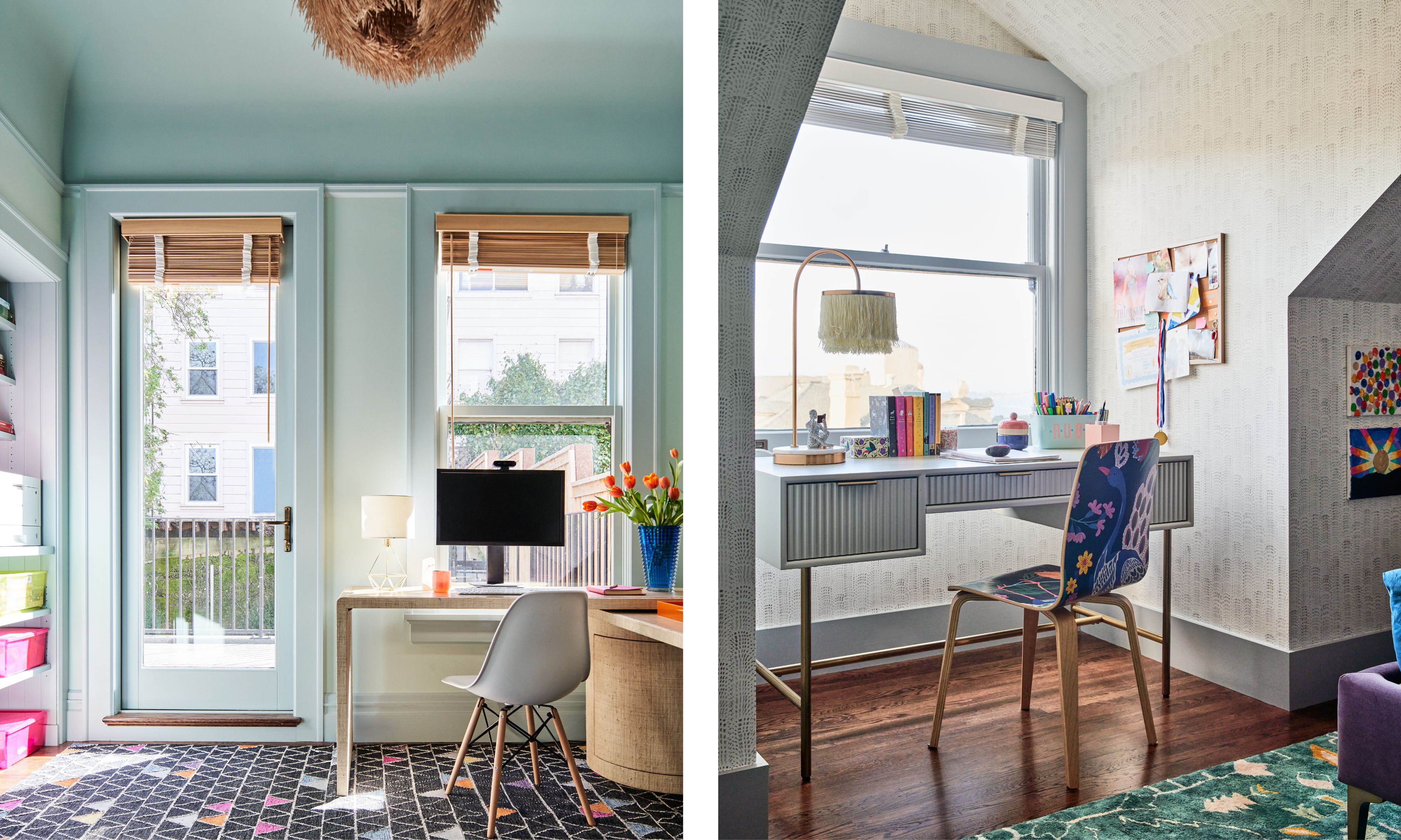 two side by side images of pale blue his and her home offices in a San Francisco home