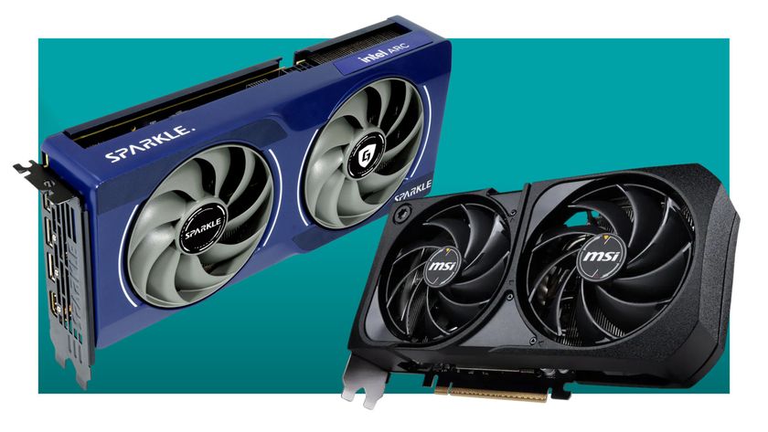 A collage of two graphics cards from MSI and Sparkle, against a teal background with a thick white border.