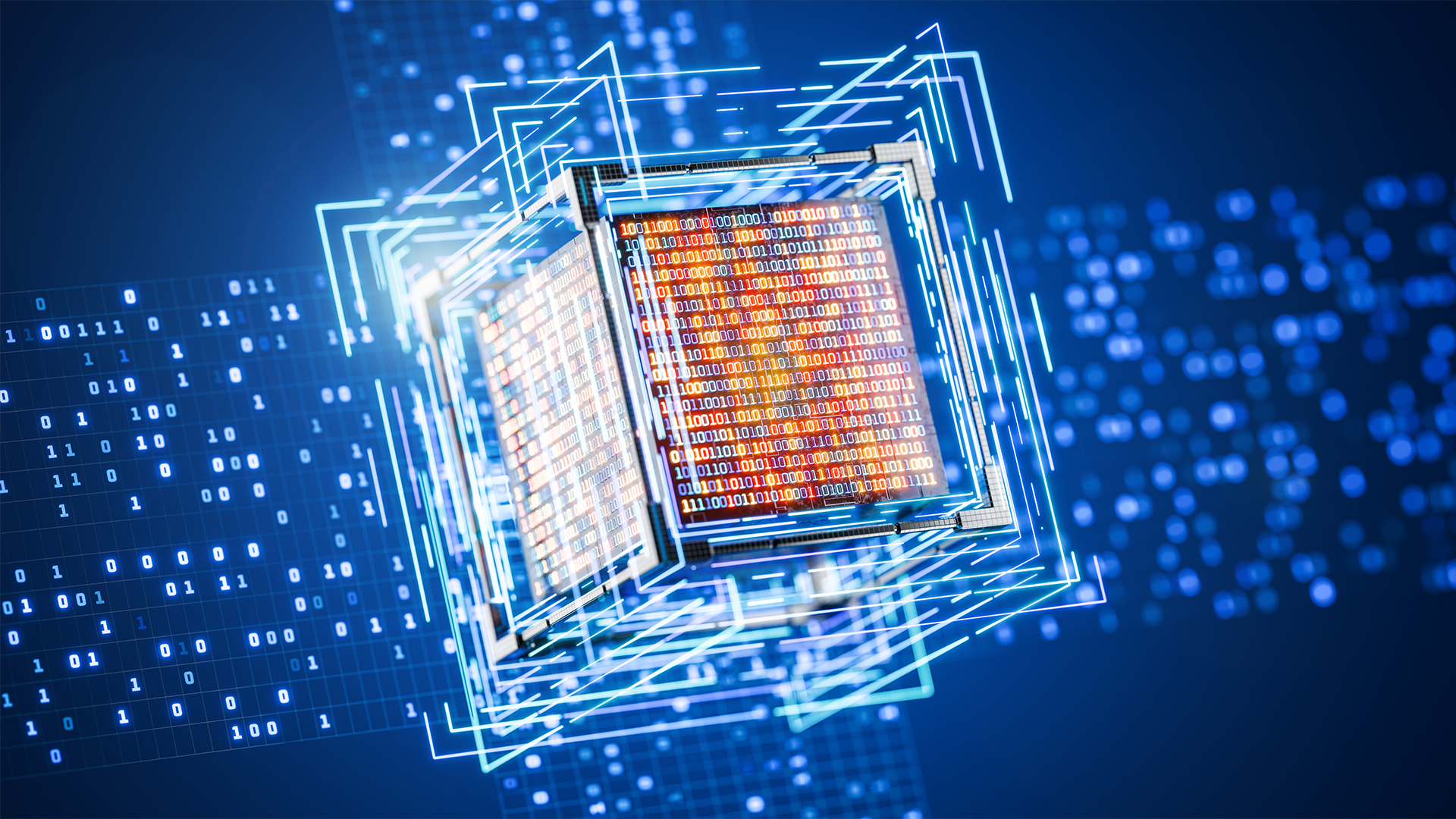 Quantum computing and quantum security concept image showing digitized cube with binary code protected by overlapping defensive layer.